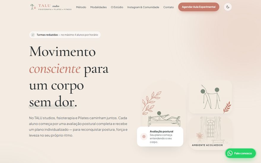 Primeira tela de uma landing page feita pela Komunick, com título em tipografia serifada sobre fundo claro e ilustrações leves.