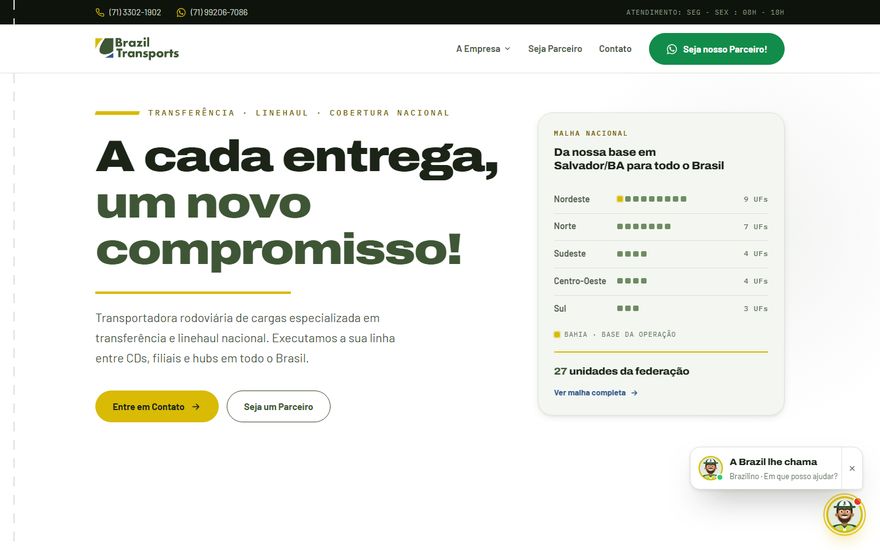 Primeira tela de uma landing page feita pela Komunick, com fundo escuro, título em destaque e um quadro de cobertura por região.